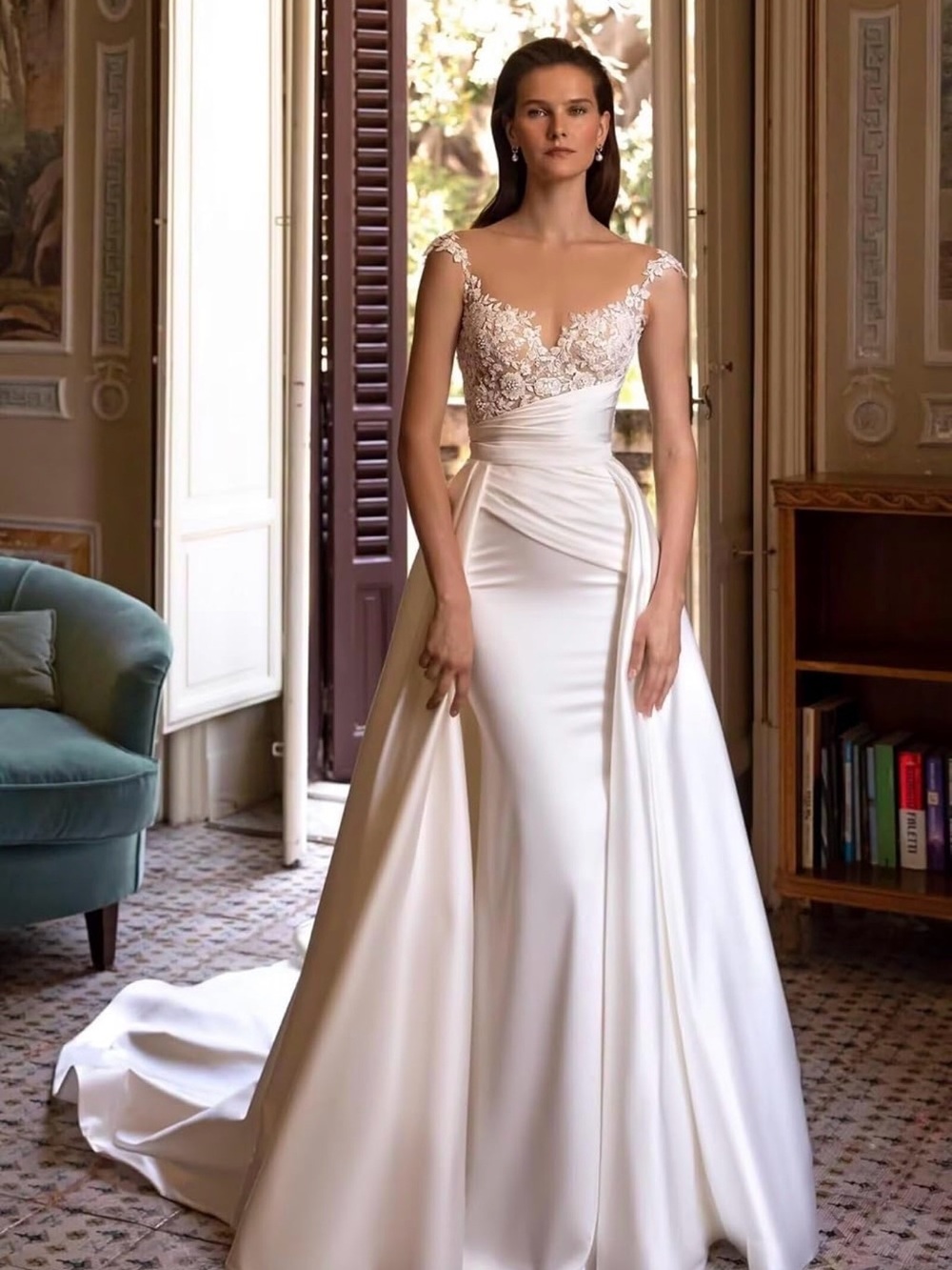 Elegant Ivory Lace Bodice Satin Wedding Dress